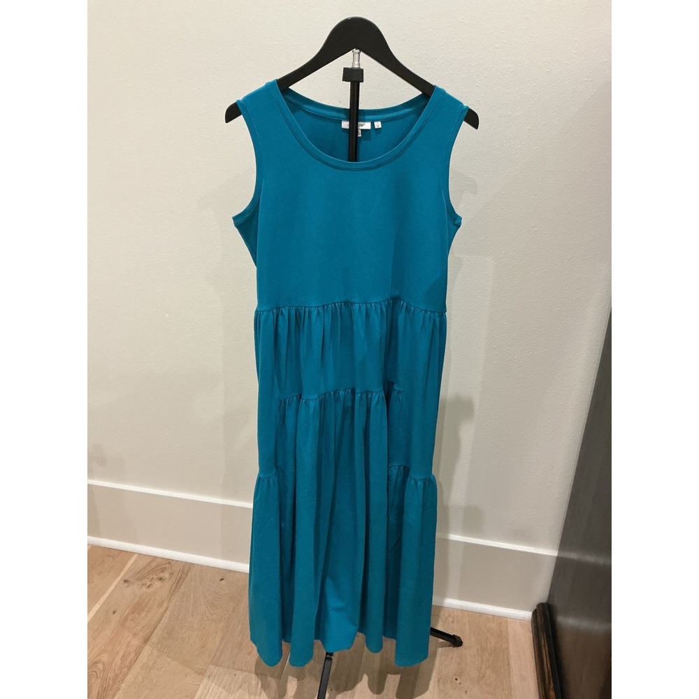 Chicos Sleeveless Tiered Midi Dress Teal Blue Cotton Stretch Size 1 M Medium